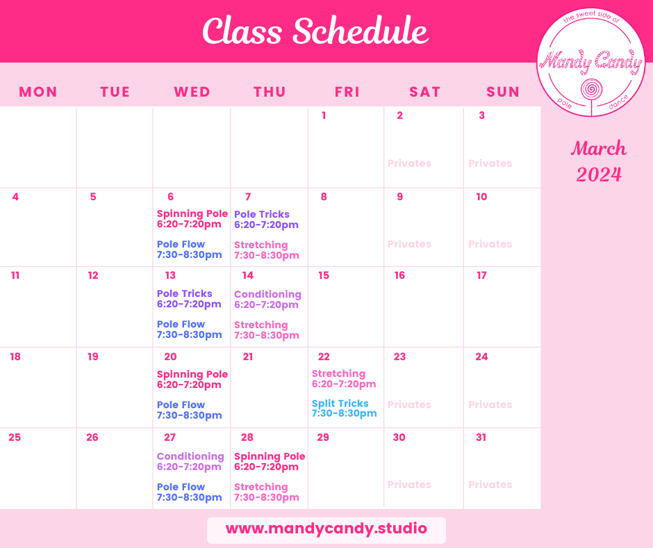 March class schedule 2024 Mandy Candy's Pole Dance Studio